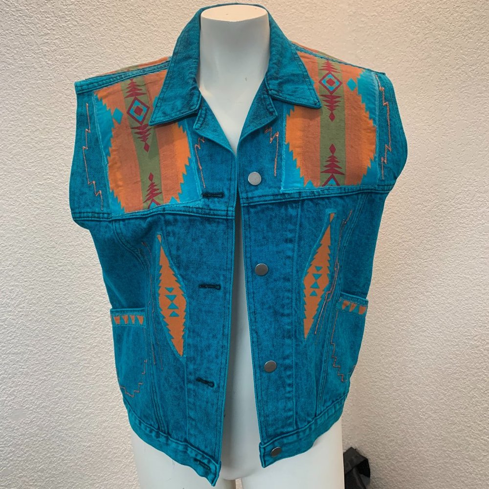 Turquoise denim vest hand decorated by artist size small fits like medium unworn